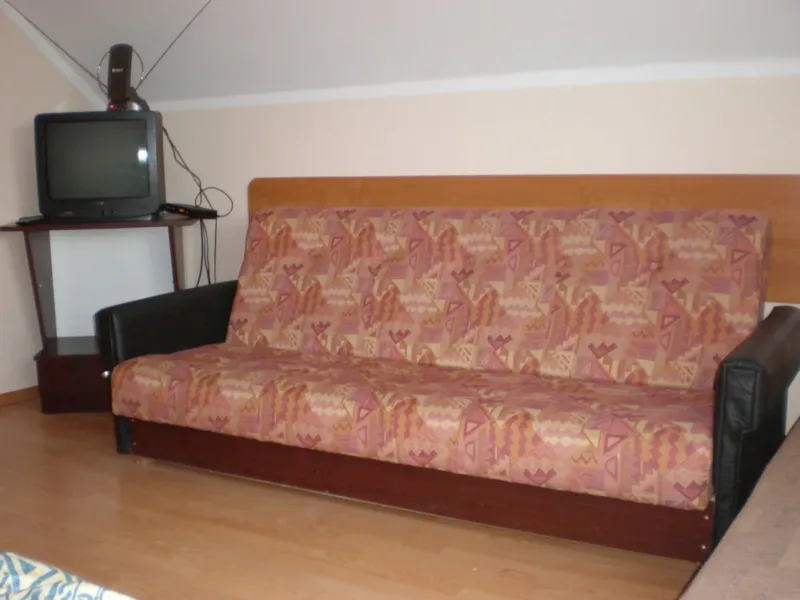 Pokój w mini pensjonacie z rozkładaną sofą i telewizorem